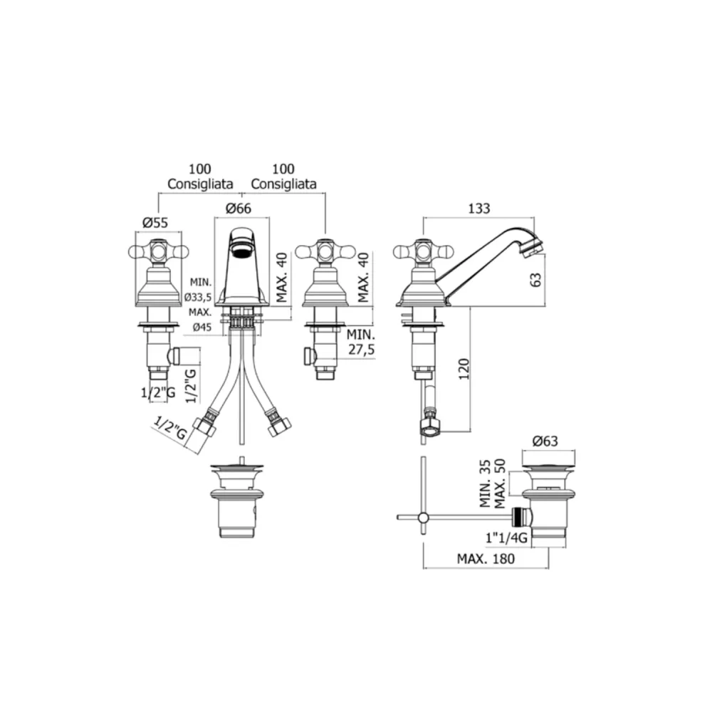 3-hole basin faucet zelfregelend drain Paffoni Viola series - Ramato