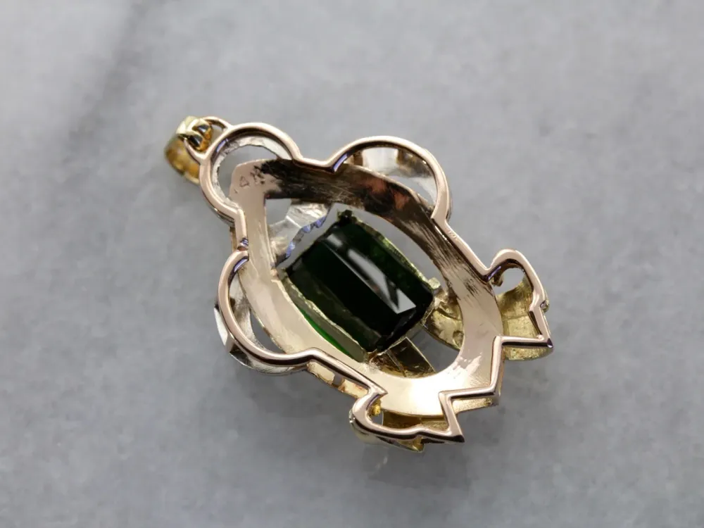 Retro Era Statement Pendant, Green Tourmaline Tri Color Verguld