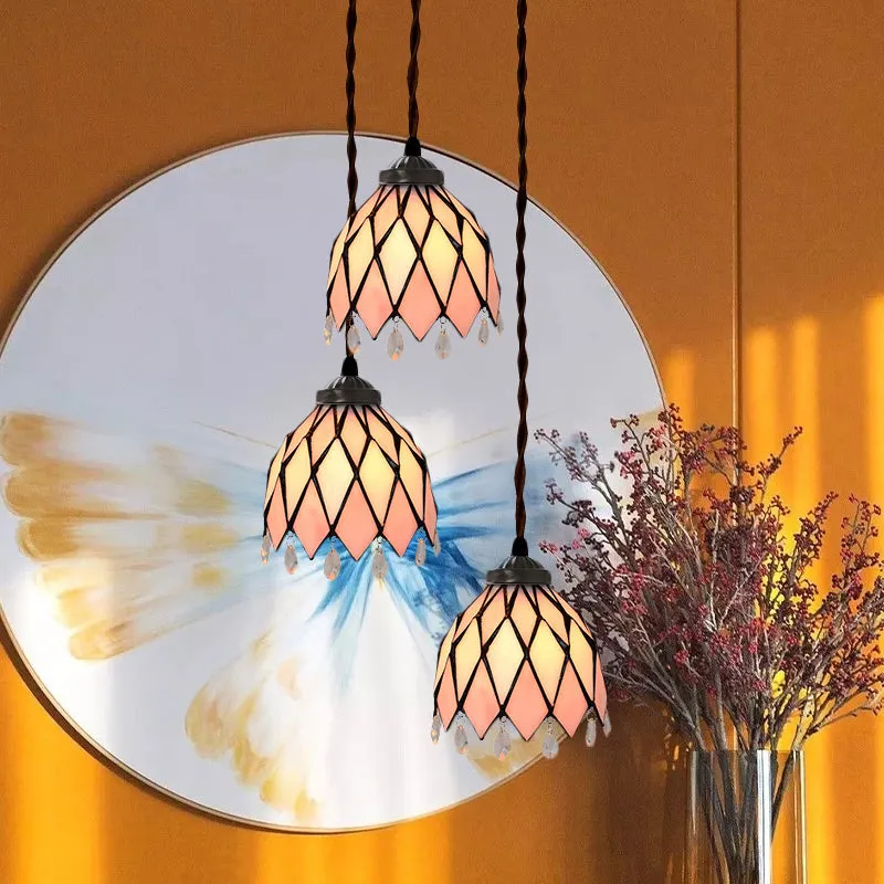 Victorian Bowl/Morning Glory Hanging Light Kit 3 Lights Fuchsia Stained Glass Cluster Pendant Dining Room Pink