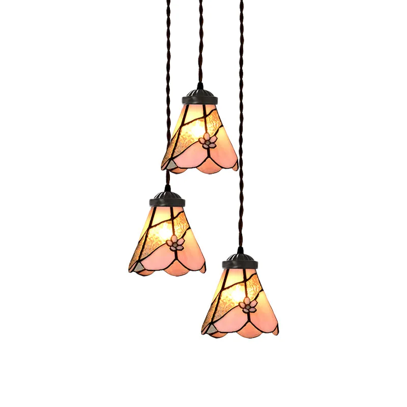 Victorian Bowl/Morning Glory Hanging Light Kit 3 Lights Fuchsia Stained Glass Cluster Pendant Dining Room Pink