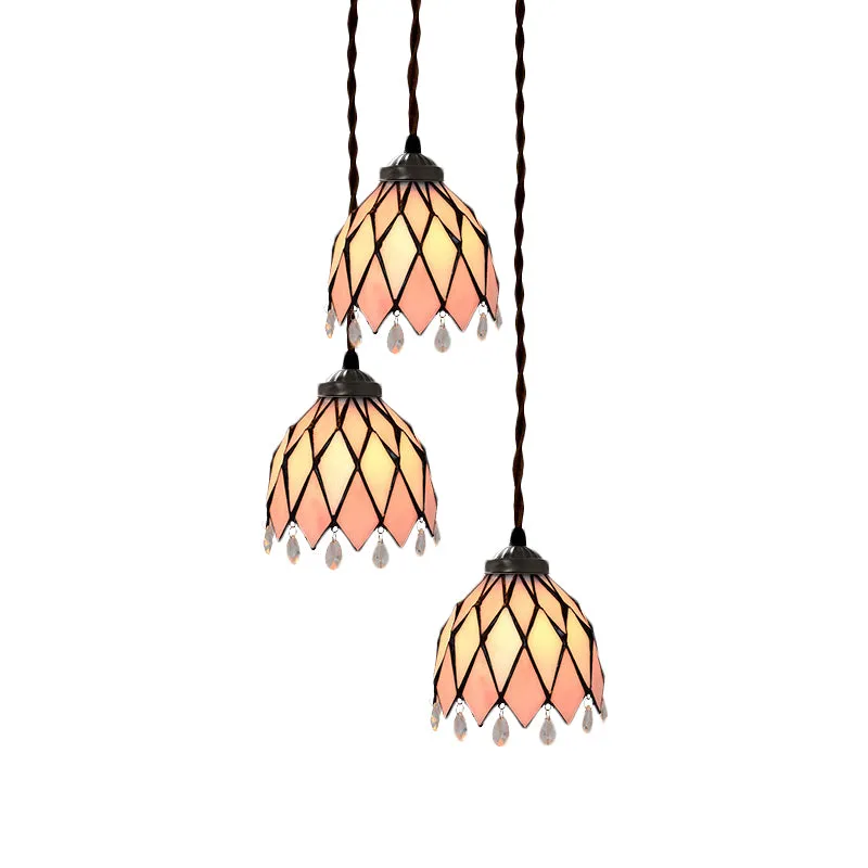 Victorian Bowl/Morning Glory Hanging Light Kit 3 Lights Fuchsia Stained Glass Cluster Pendant Dining Room Pink