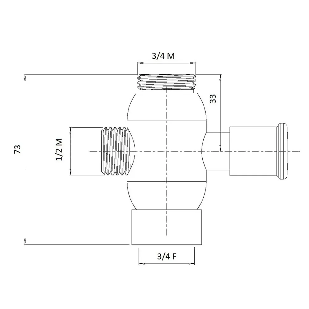 Domed brass diverter 3/4M, 3/4F and 1/2M brons connection met TÜV-goedkeuring