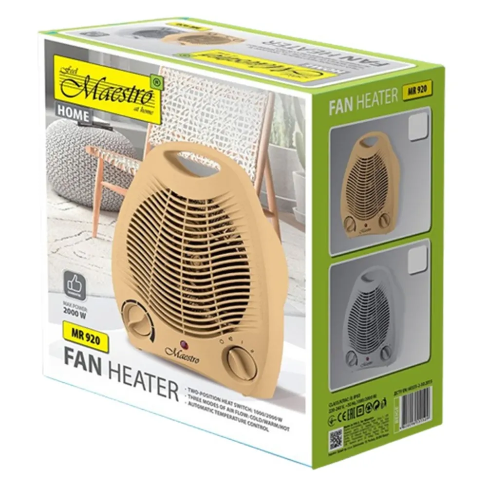 Maestro MR-920 Elektrische ventilatorkachel 2000W Drie werkingsmodi Warme en koude ventilator Handgreep Lichtbruin