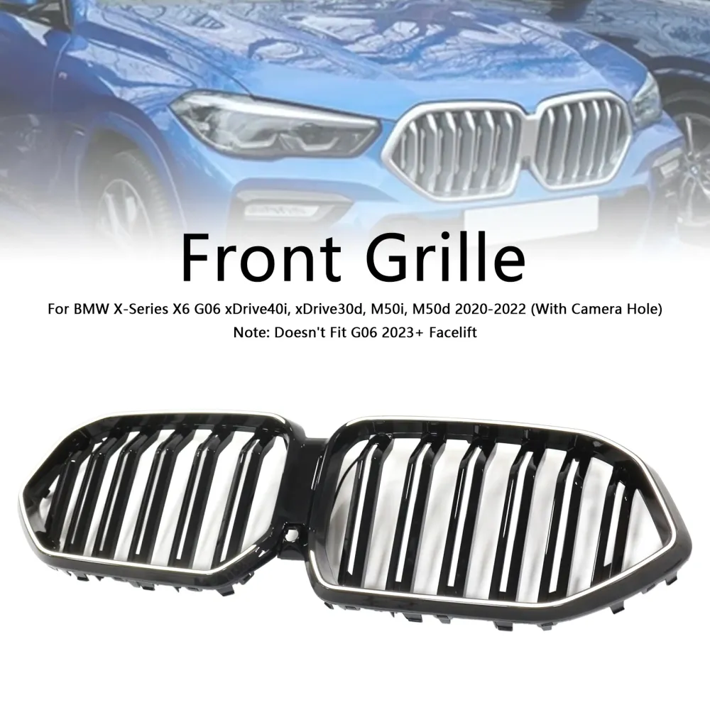 2020-2022 BMW X6 G06 M50i met cameragat Glanzend zwart voorbumperrooster