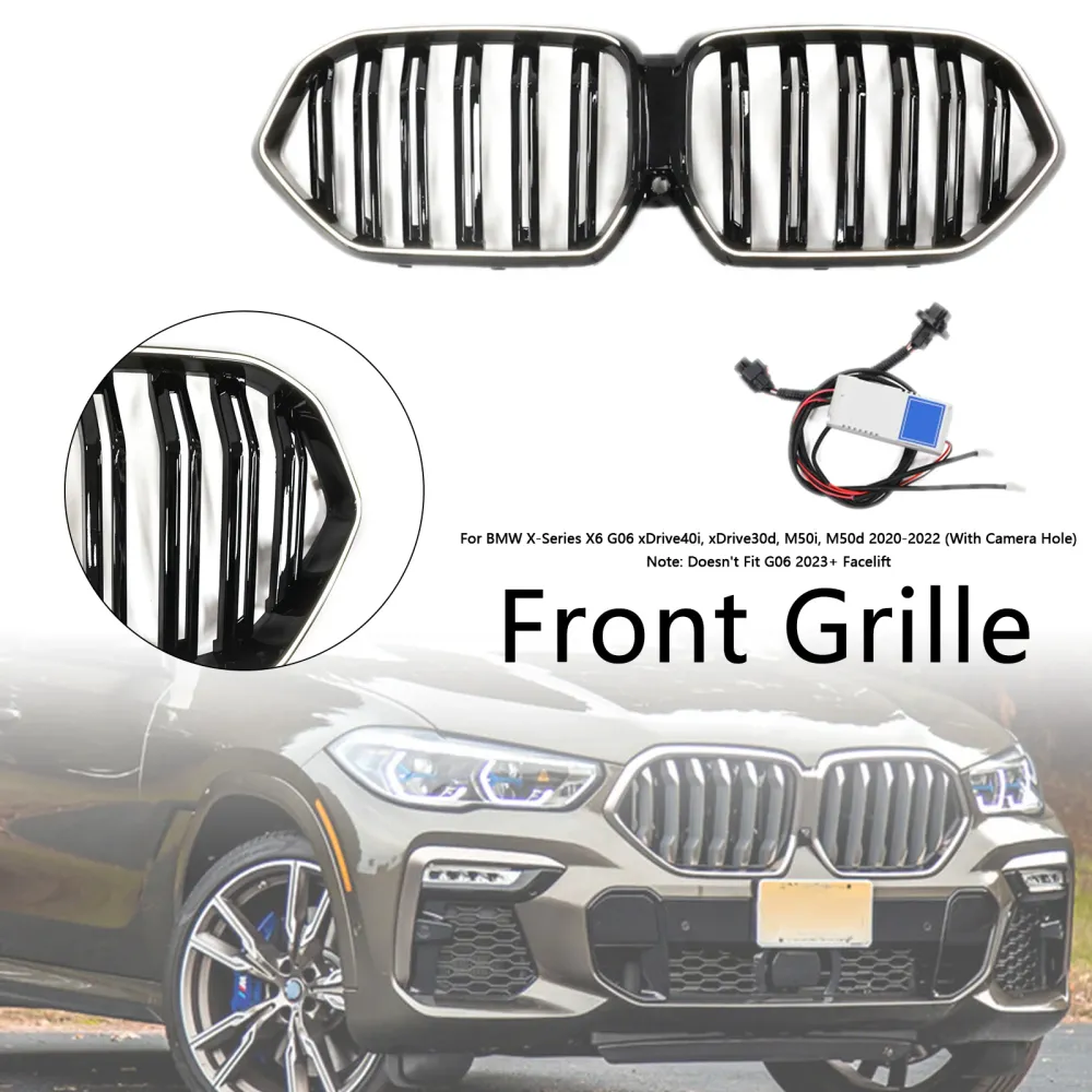 2020-2022 BMW X6 G06 M50i met cameragat Glanzend zwart voorbumperrooster