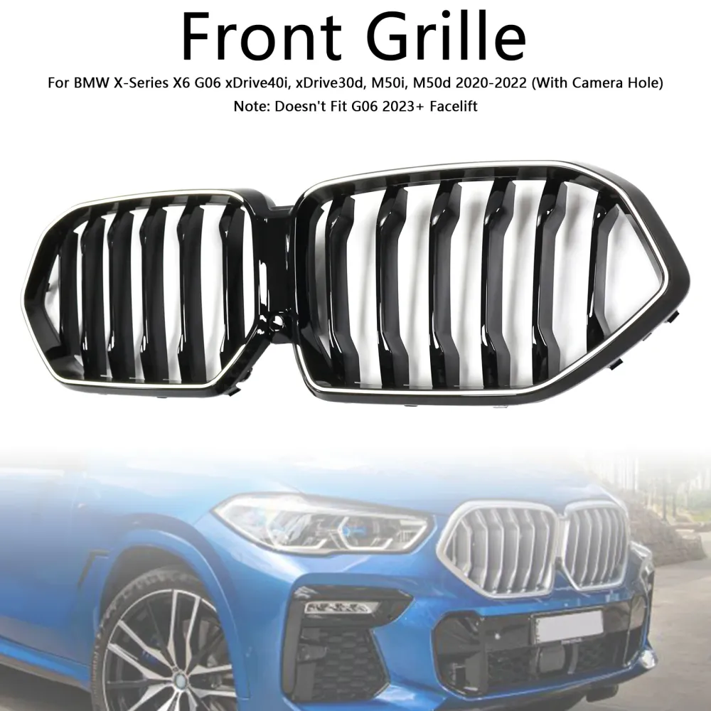 2020-2022 BMW X6 G06 M50i met cameragat, zwarte voorbumpergrille, grill