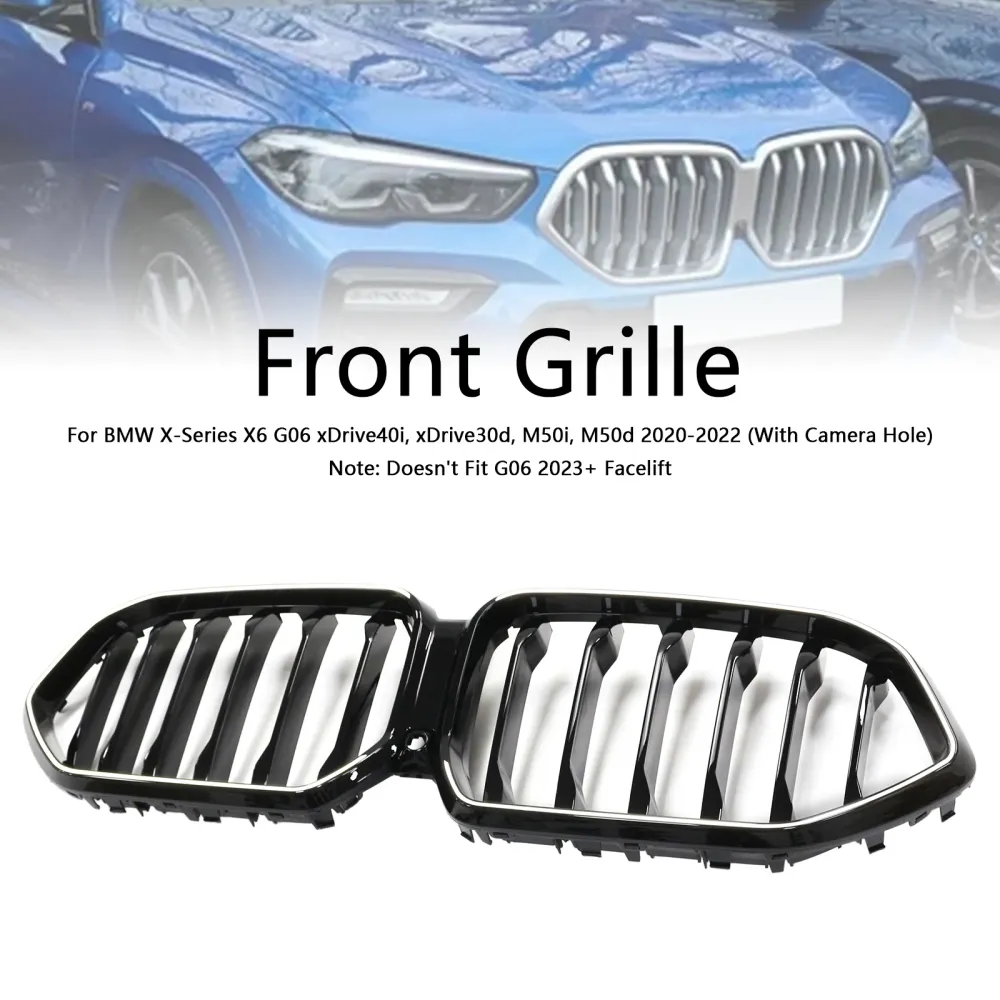 2020-2022 BMW X6 G06 M50i met cameragat, zwarte voorbumpergrille, grill