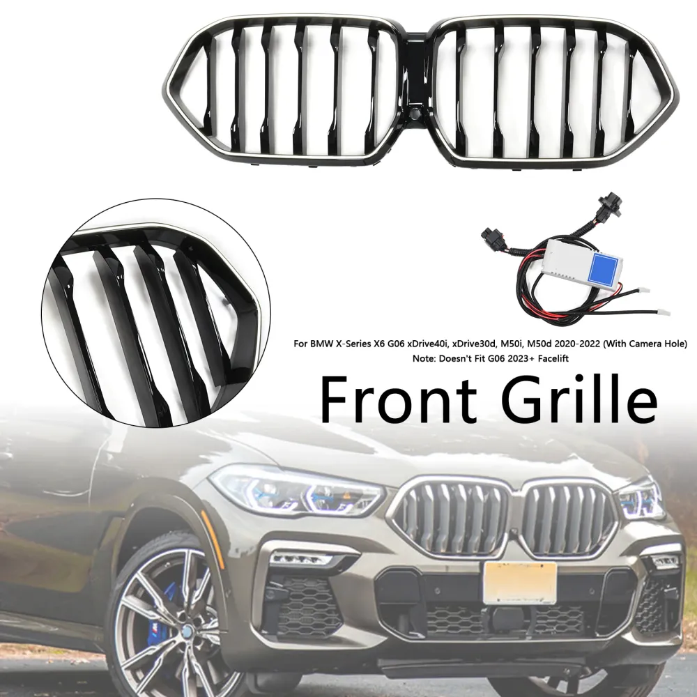 2020-2022 BMW X6 G06 M50i met cameragat, zwarte voorbumpergrille, grill