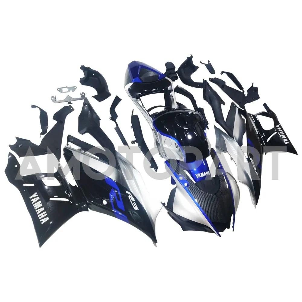 Amotopart Yamaha 2019-2021 YZF R3/YZF R25 Blue & Silver Carbon Fiber Fairing Kit