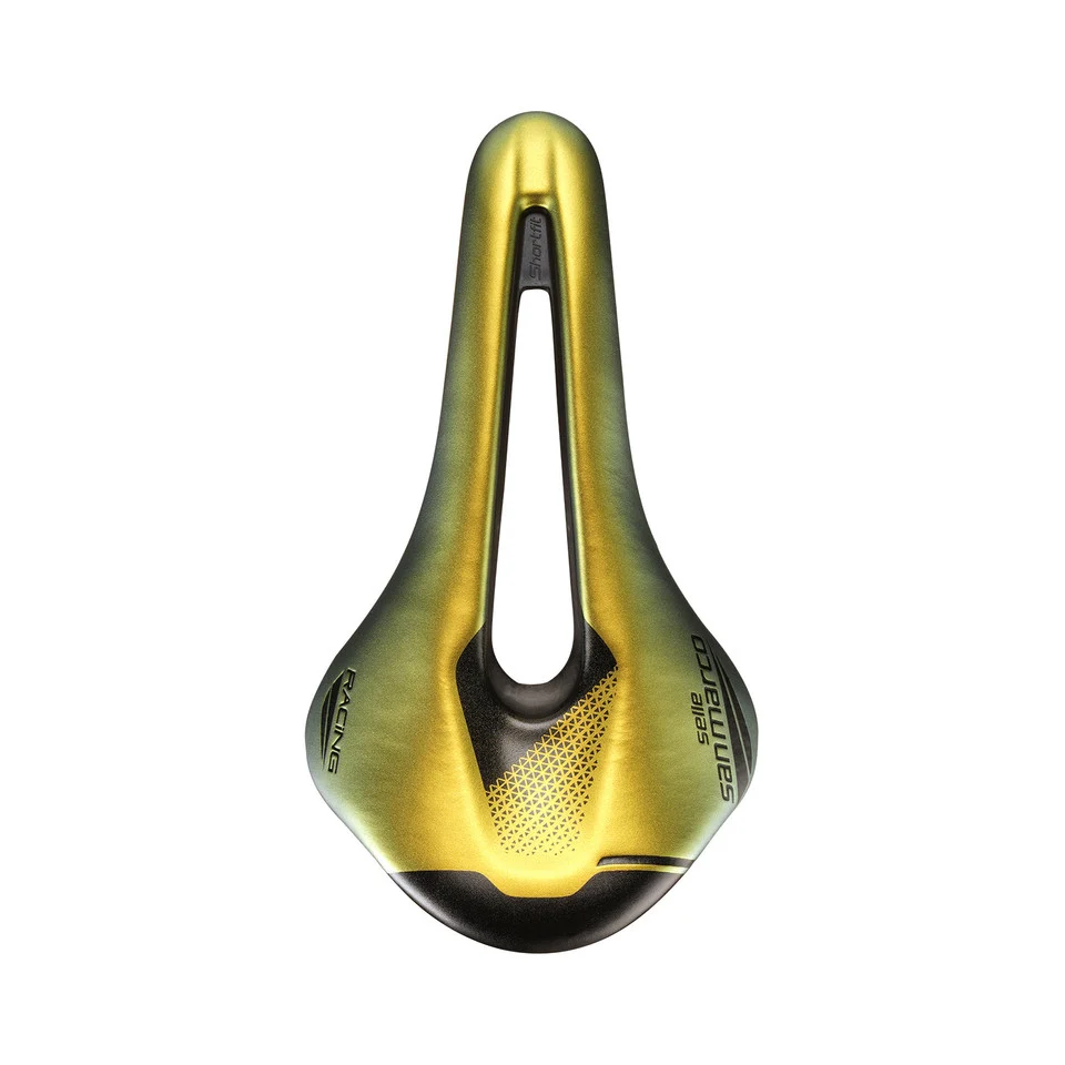 Zadel SAN MARCO SHORTFIT 2.0 OPEN-FIT RACING S3 Breedte 144mm Stalen rails Xsilite Goud