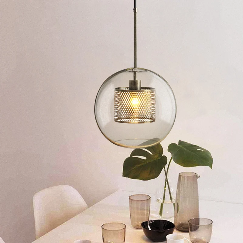 Glashelder Glass Orb Pendant Lighting Modernity 1 Head Hanging Ceiling Light Inside Mesh Cage Heavy Duty constructie Silver