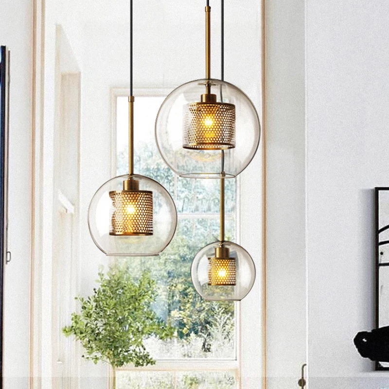 Glashelder Glass Orb Pendant Lighting Modernity 1 Head Hanging Ceiling Light Inside Mesh Cage Heavy Duty constructie Silver