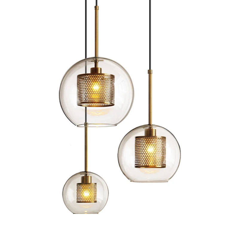 Glashelder Glass Orb Pendant Lighting Modernity 1 Head Hanging Ceiling Light Inside Mesh Cage Heavy Duty constructie Silver