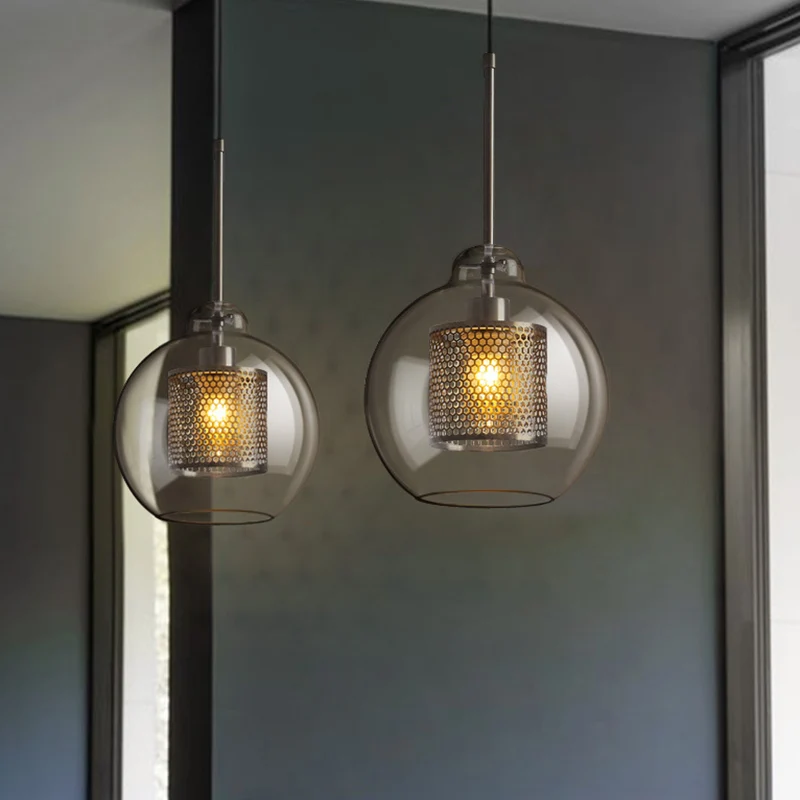 Glashelder Glass Orb Pendant Lighting Modernity 1 Head Hanging Ceiling Light Inside Mesh Cage Heavy Duty constructie Silver